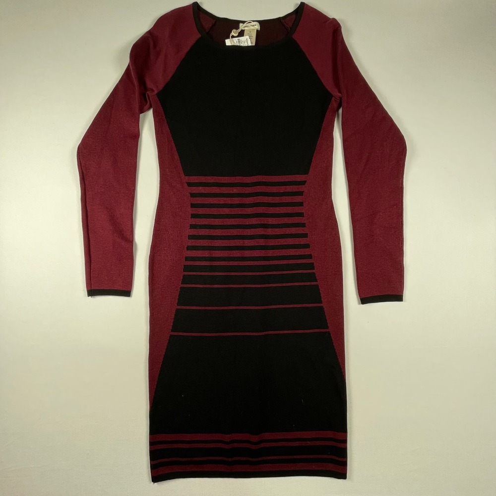 Max Studio Sweater Dress Bodycon Long Sleeve Knit Burgundy Black‎ Size M